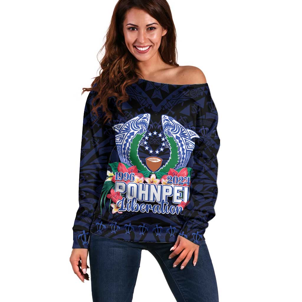 Happy Pohnpei Liberation Day Off Shoulder Sweater Polynesian Shark Turtle Motif