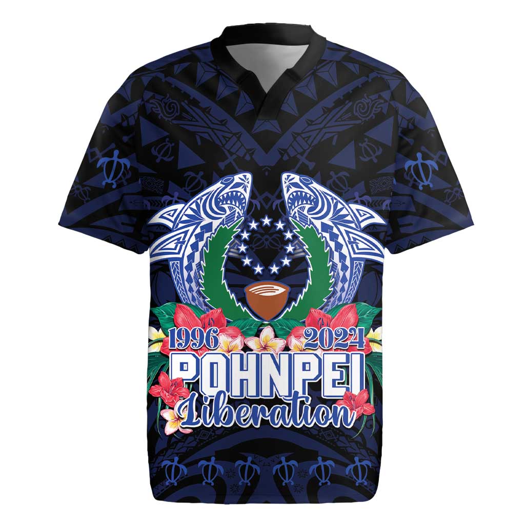 Happy Pohnpei Liberation Day Rugby Jersey Polynesian Shark Turtle Motif