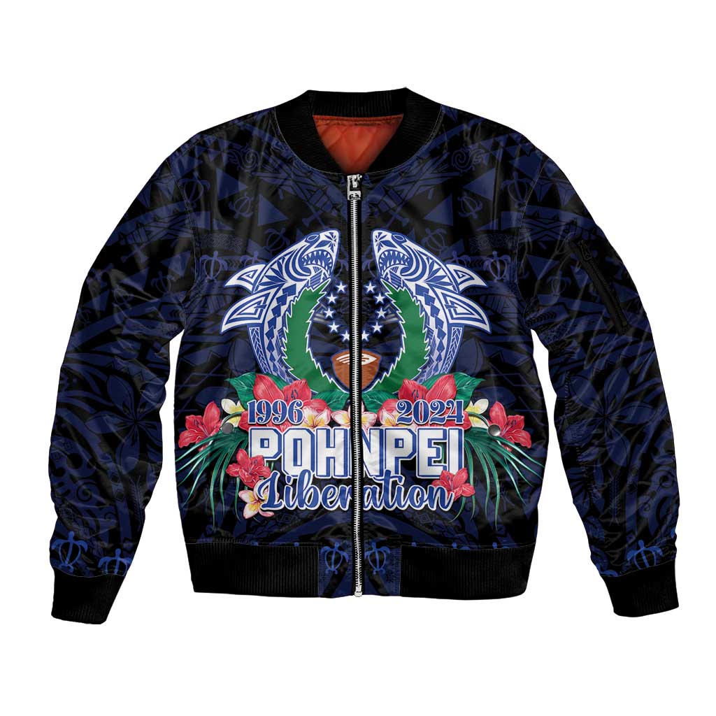 Happy Pohnpei Liberation Day Sleeve Zip Bomber Jacket Polynesian Shark Turtle Motif