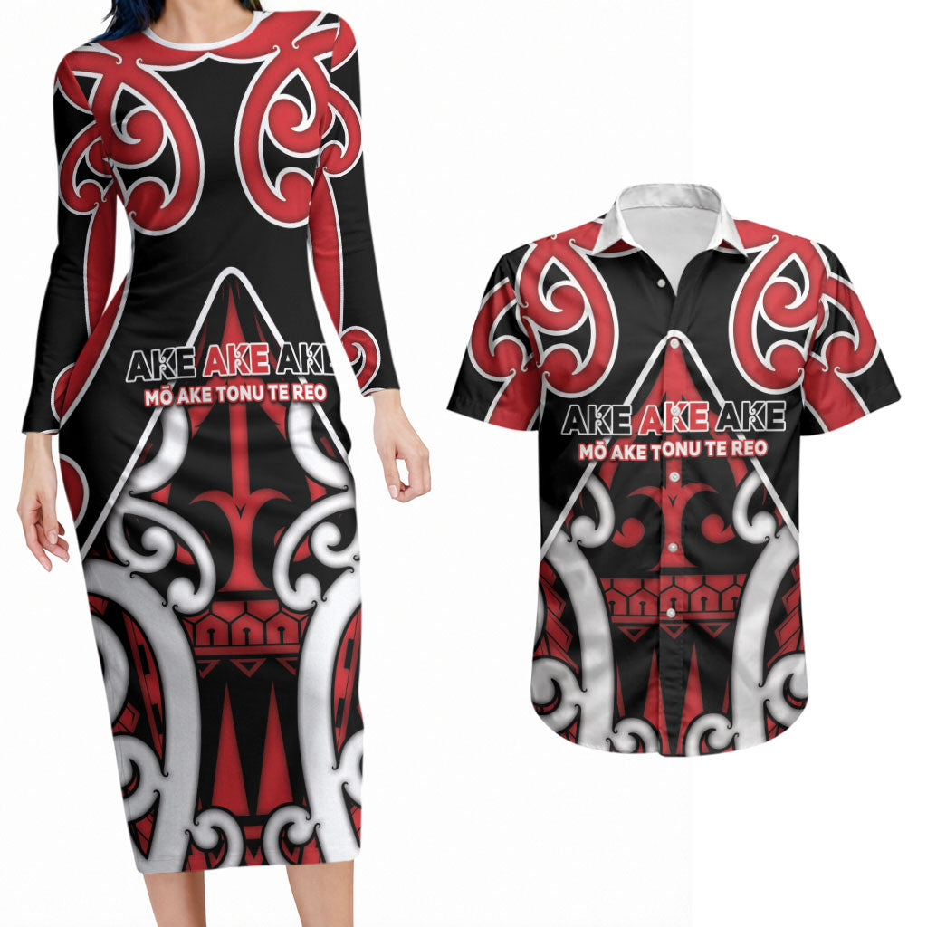 New Zealand Maori Language Week Couples Matching Long Sleeve Bodycon Dress and Hawaiian Shirt Mo Ake Tonu Te Reo LT05 Black - Polynesian Pride