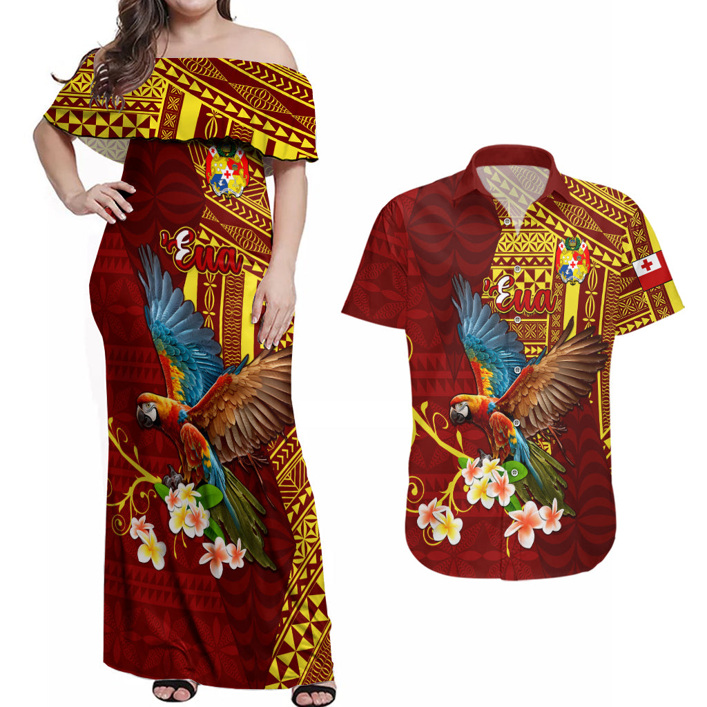 Personalized Tonga Eua Couples Matching Off Shoulder Maxi Dress and Hawaiian Shirt Maroon Shining Parrot Coat Of Arms With Ngatu Pattern LT05 Red - Polynesian Pride