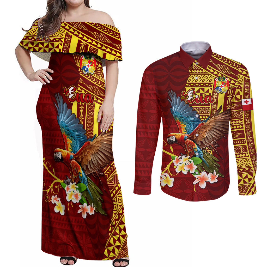 Personalized Tonga Eua Couples Matching Off Shoulder Maxi Dress and Long Sleeve Button Shirts Maroon Shining Parrot Coat Of Arms With Ngatu Pattern LT05 Red - Polynesian Pride