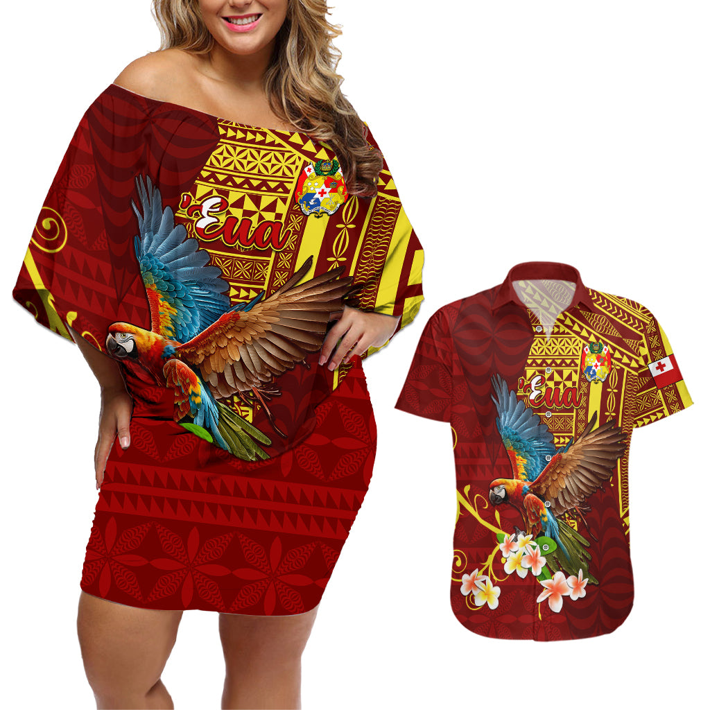 Personalized Tonga Eua Couples Matching Off Shoulder Short Dress and Hawaiian Shirt Maroon Shining Parrot Coat Of Arms With Ngatu Pattern LT05 Red - Polynesian Pride