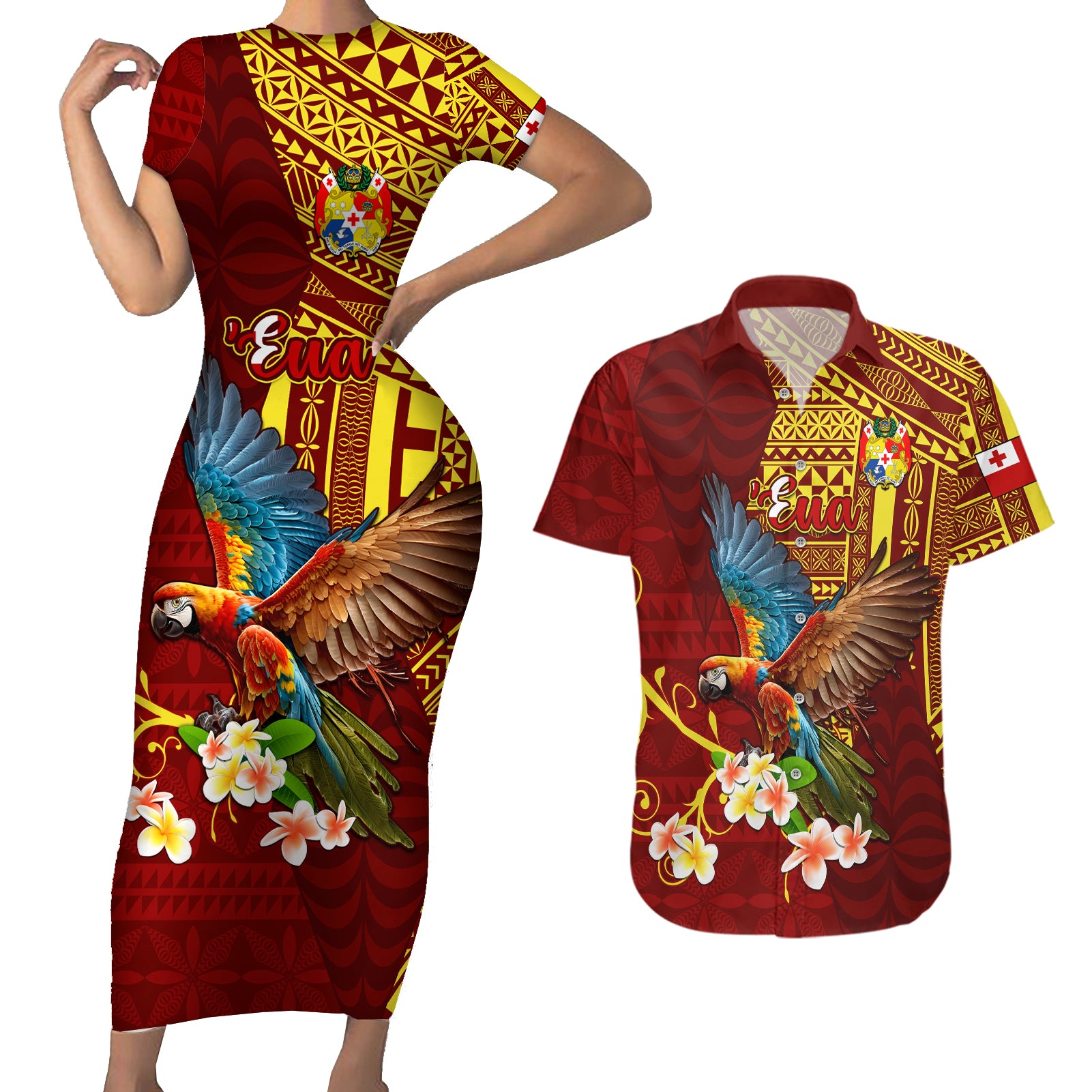 Personalized Tonga Eua Couples Matching Short Sleeve Bodycon Dress and Hawaiian Shirt Maroon Shining Parrot Coat Of Arms With Ngatu Pattern LT05 Red - Polynesian Pride