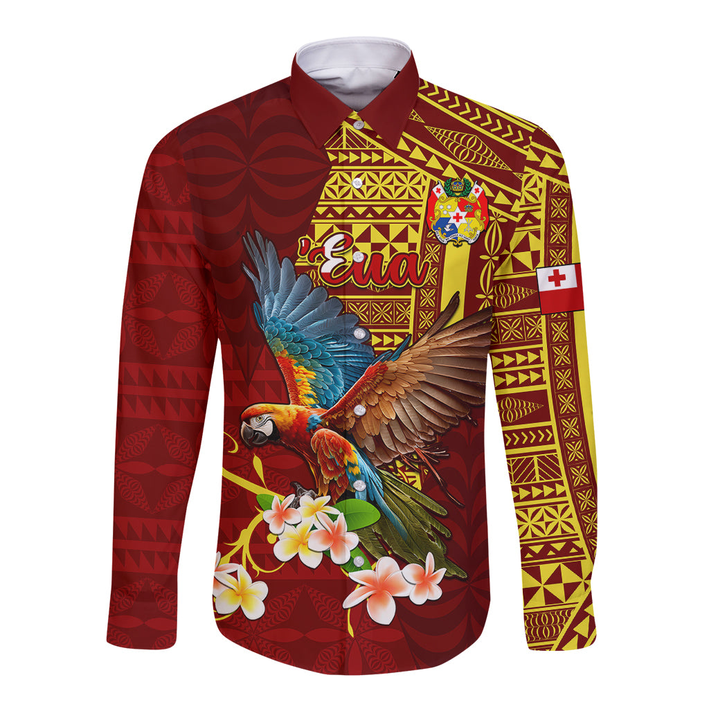 Personalized Tonga Eua Long Sleeve Button Shirt Maroon Shining Parrot Coat Of Arms With Ngatu Pattern LT05 Unisex Red - Polynesian Pride