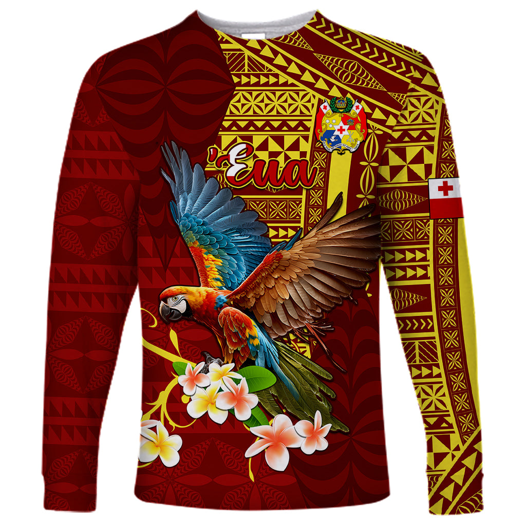 Personalized Tonga Eua Long Sleeve Shirt Maroon Shining Parrot Coat Of Arms With Ngatu Pattern LT05 Unisex Red - Polynesian Pride