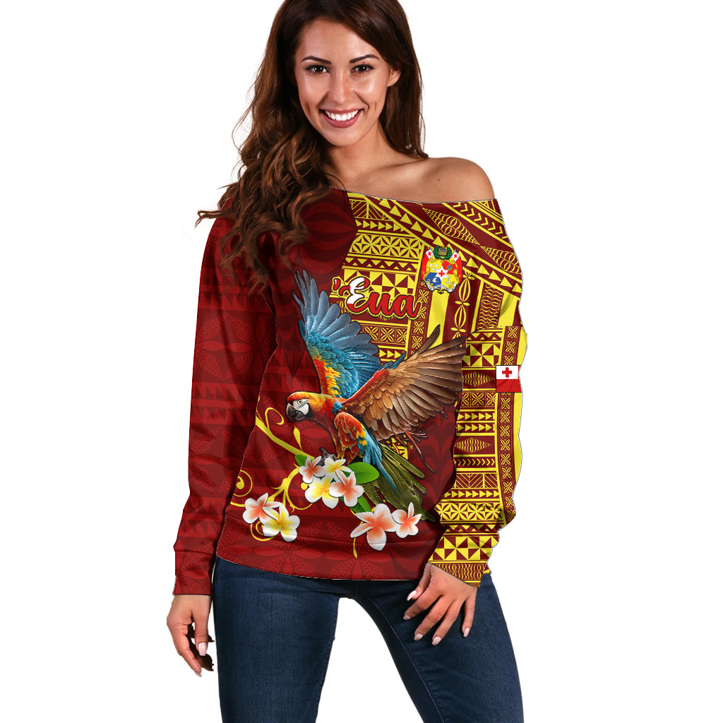 Personalized Tonga Eua Off Shoulder Sweater Maroon Shining Parrot Coat Of Arms With Ngatu Pattern LT05 Women Red - Polynesian Pride