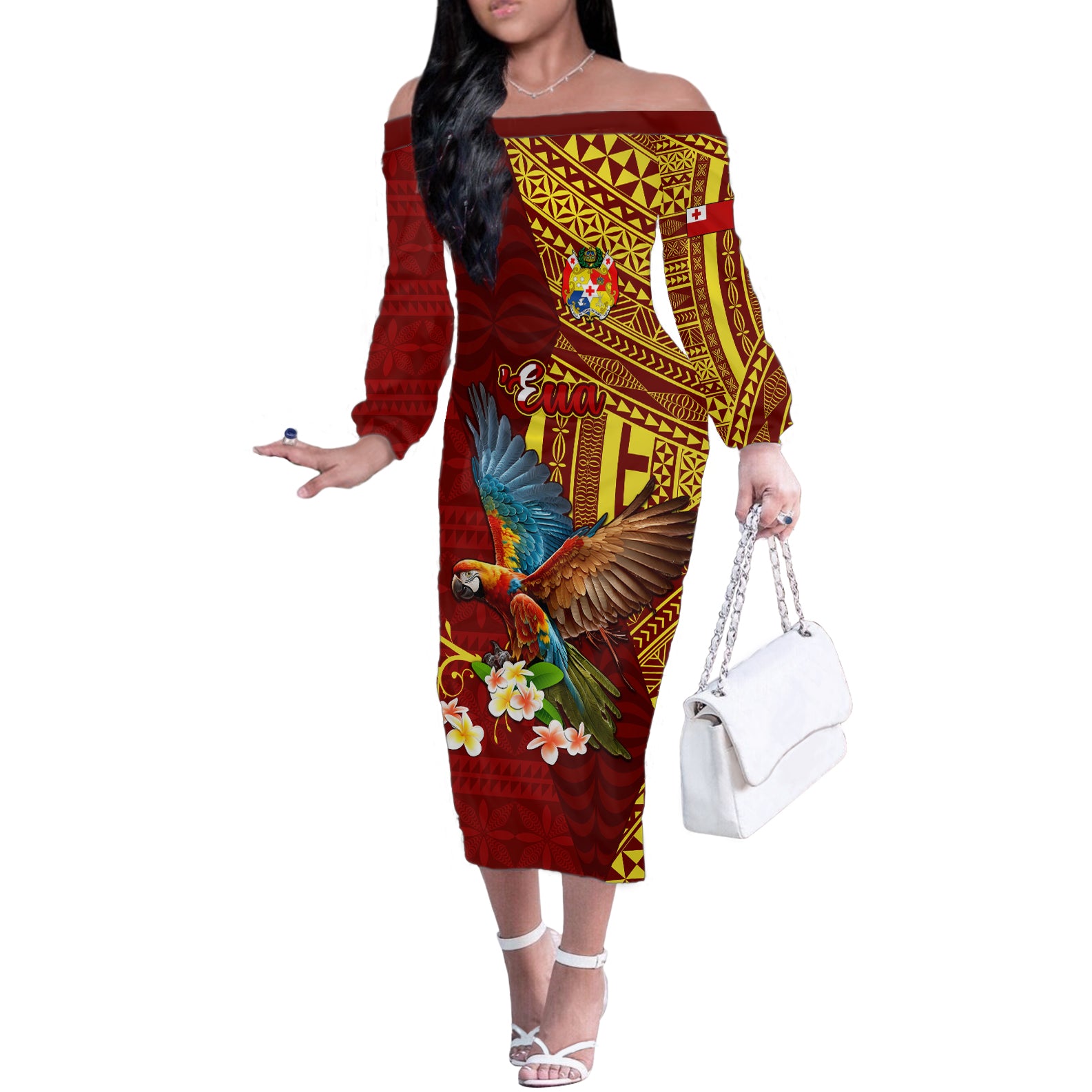 Personalized Tonga Eua Off The Shoulder Long Sleeve Dress Maroon Shining Parrot Coat Of Arms With Ngatu Pattern LT05 Women Red - Polynesian Pride