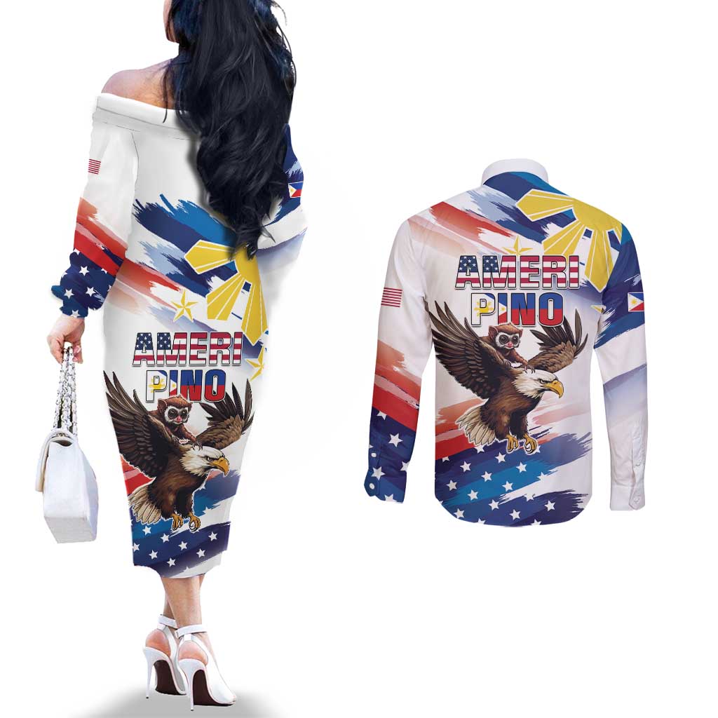 Filipino American History Month Couples Matching Off The Shoulder Long Sleeve Dress and Long Sleeve Button Shirt Bald Eagle Tarsier Together LT05 - Polynesian Pride