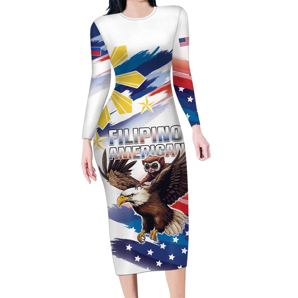 Filipino American History Month Family Matching Long Sleeve Bodycon Dress and Hawaiian Shirt Bald Eagle Tarsier Together LT05 Mom's Dress White - Polynesian Pride