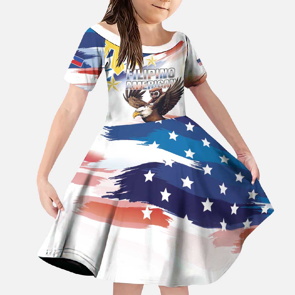 Filipino American History Month Family Matching Short Sleeve Bodycon Dress and Hawaiian Shirt Bald Eagle Tarsier Together LT05 Daughter's Dress White - Polynesian Pride