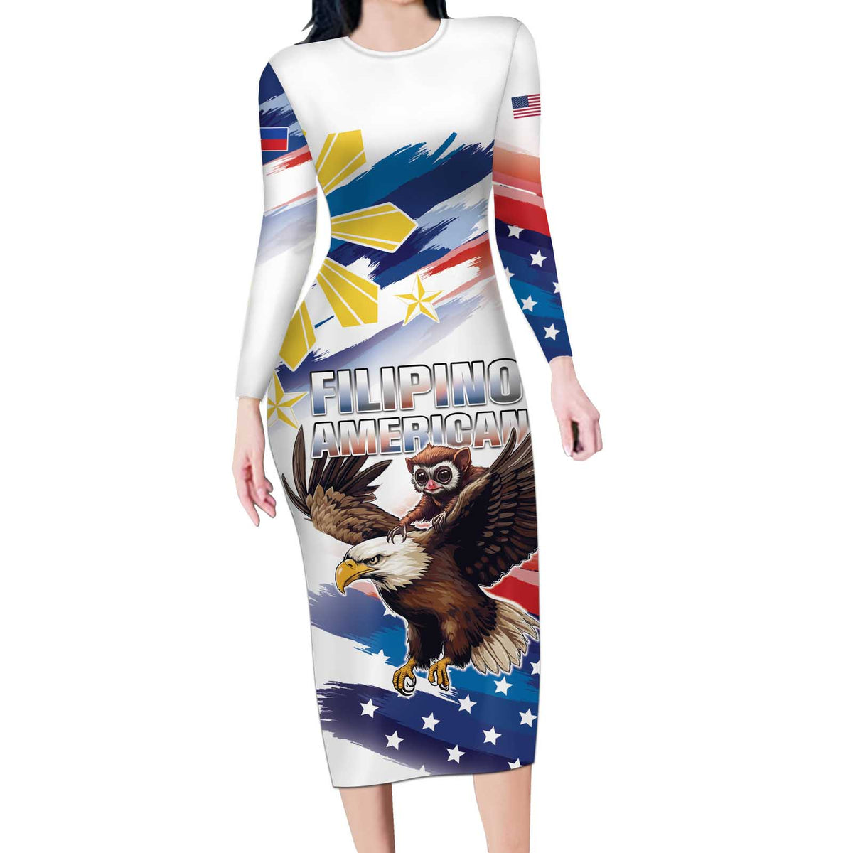 Filipino American History Month Long Sleeve Bodycon Dress Bald Eagle Tarsier Together LT05 Long Dress White - Polynesian Pride