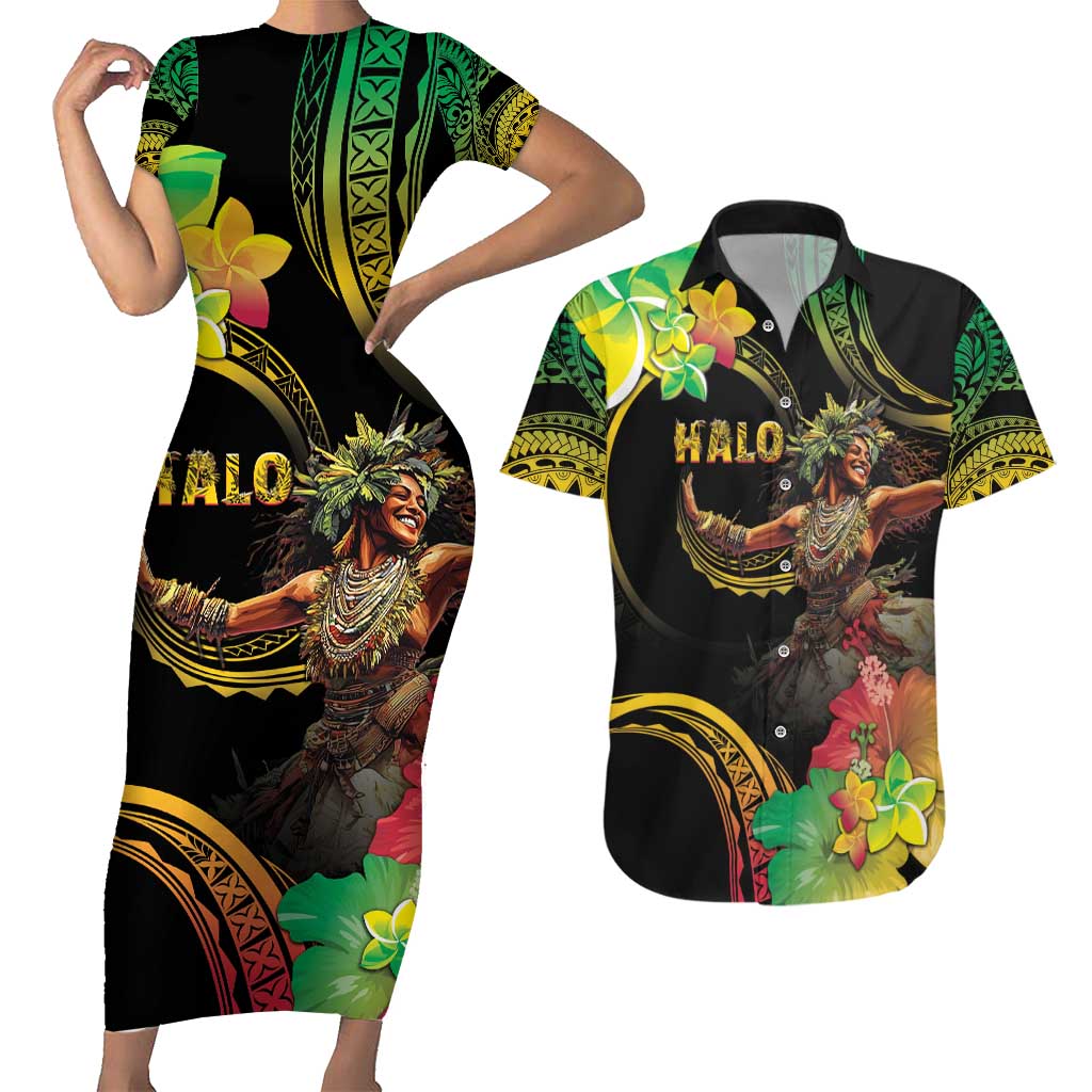 Halo Vanuatu Couples Matching Short Sleeve Bodycon Dress and Hawaiian Shirt Beautiful Woman Dancing