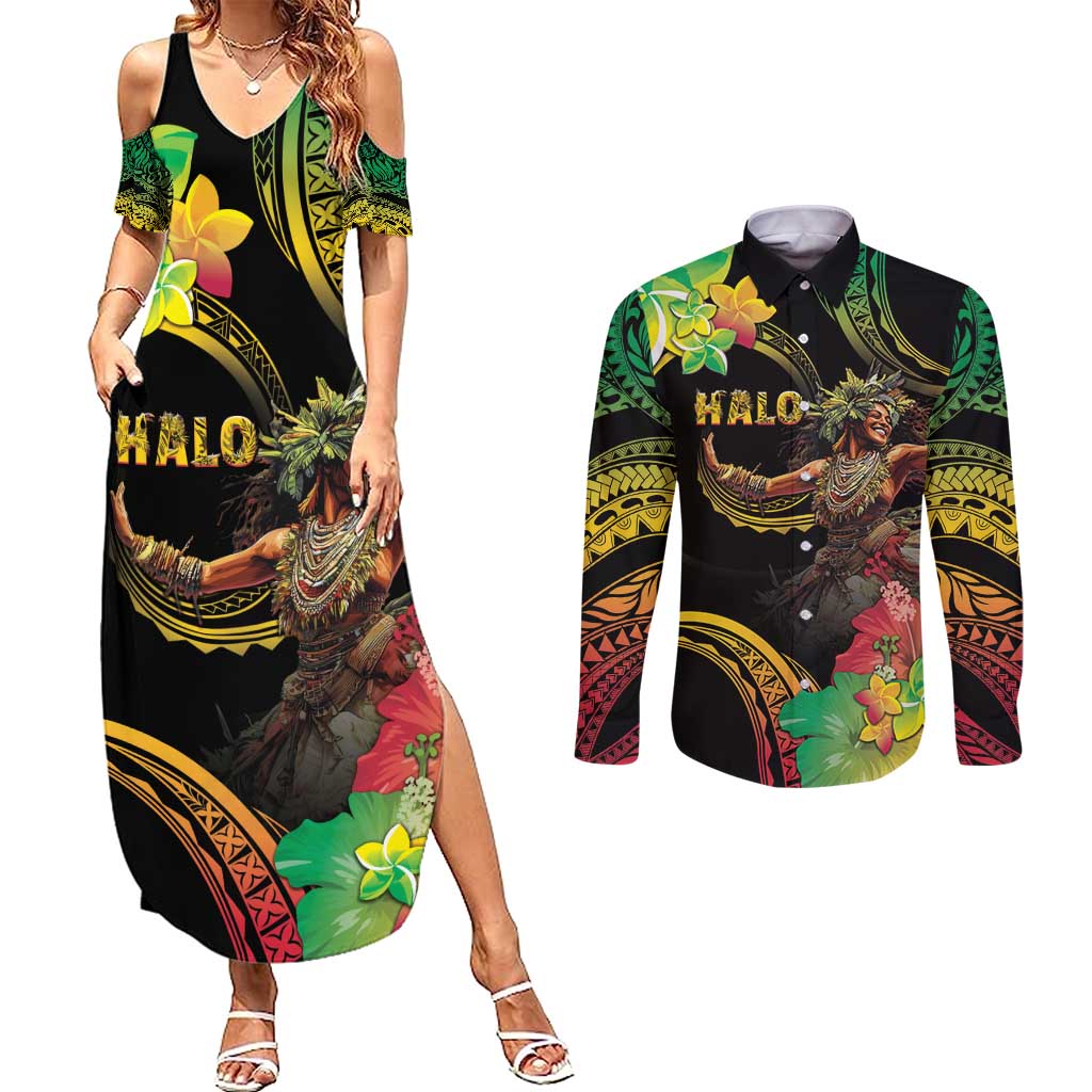 Halo Vanuatu Couples Matching Summer Maxi Dress and Long Sleeve Button Shirt Beautiful Woman Dancing LT05 Black - Polynesian Pride