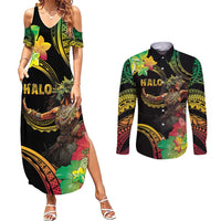 Halo Vanuatu Couples Matching Summer Maxi Dress and Long Sleeve Button Shirt Beautiful Woman Dancing LT05 Black - Polynesian Pride