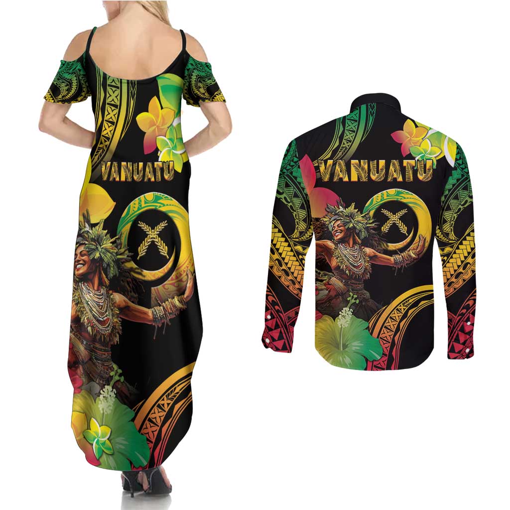 Halo Vanuatu Couples Matching Summer Maxi Dress and Long Sleeve Button Shirt Beautiful Woman Dancing LT05 - Polynesian Pride