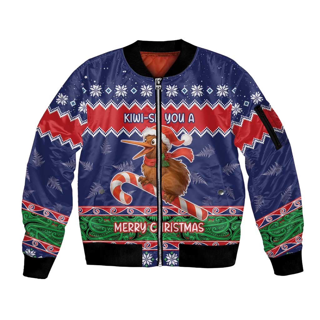 New Zealand Christmas Sleeve Zip Bomber Jacket Kiwi-sh You A Merry Christmas - Polynesian Pride