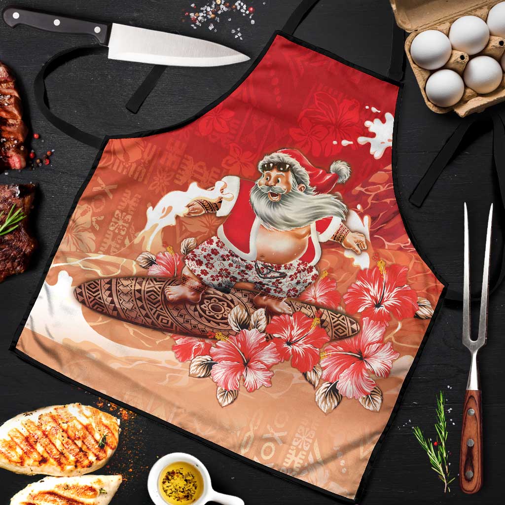 Hawaii Funny Christmas Apron Santa Surfing With Tapa Pattern - Polynesian Pride