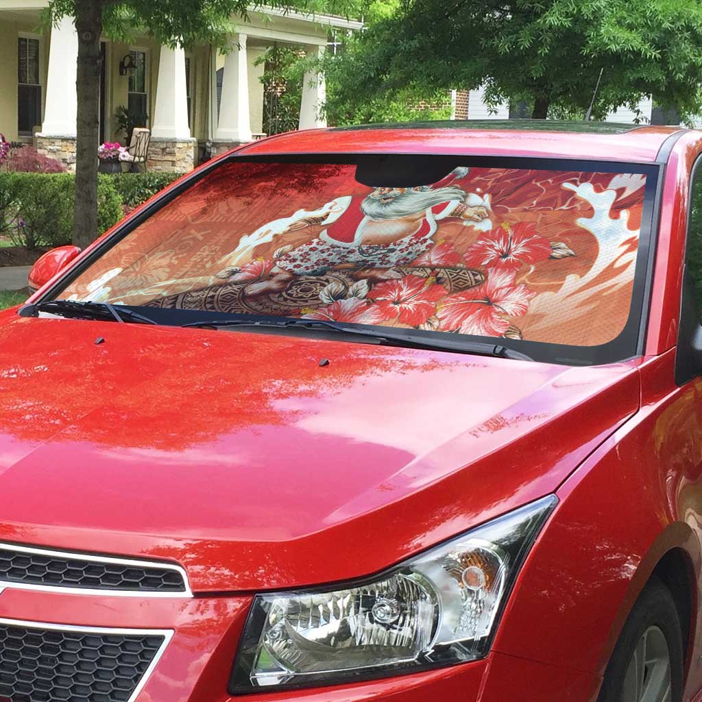 Hawaii Funny Christmas Auto Sun Shade Santa Surfing With Tapa Pattern - Polynesian Pride
