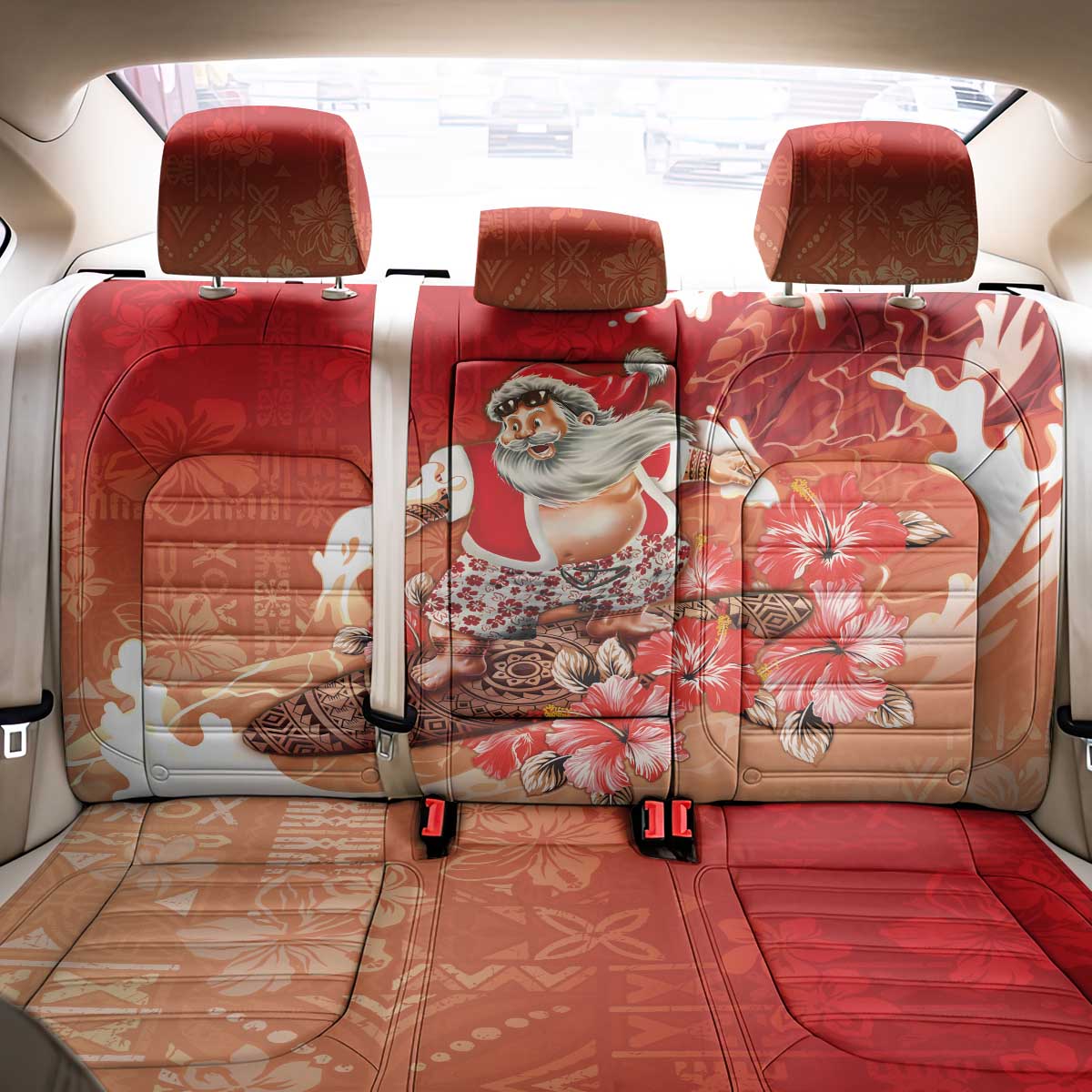Hawaii Funny Christmas Back Car Seat Cover Santa Surfing With Tapa Pattern - Polynesian Pride