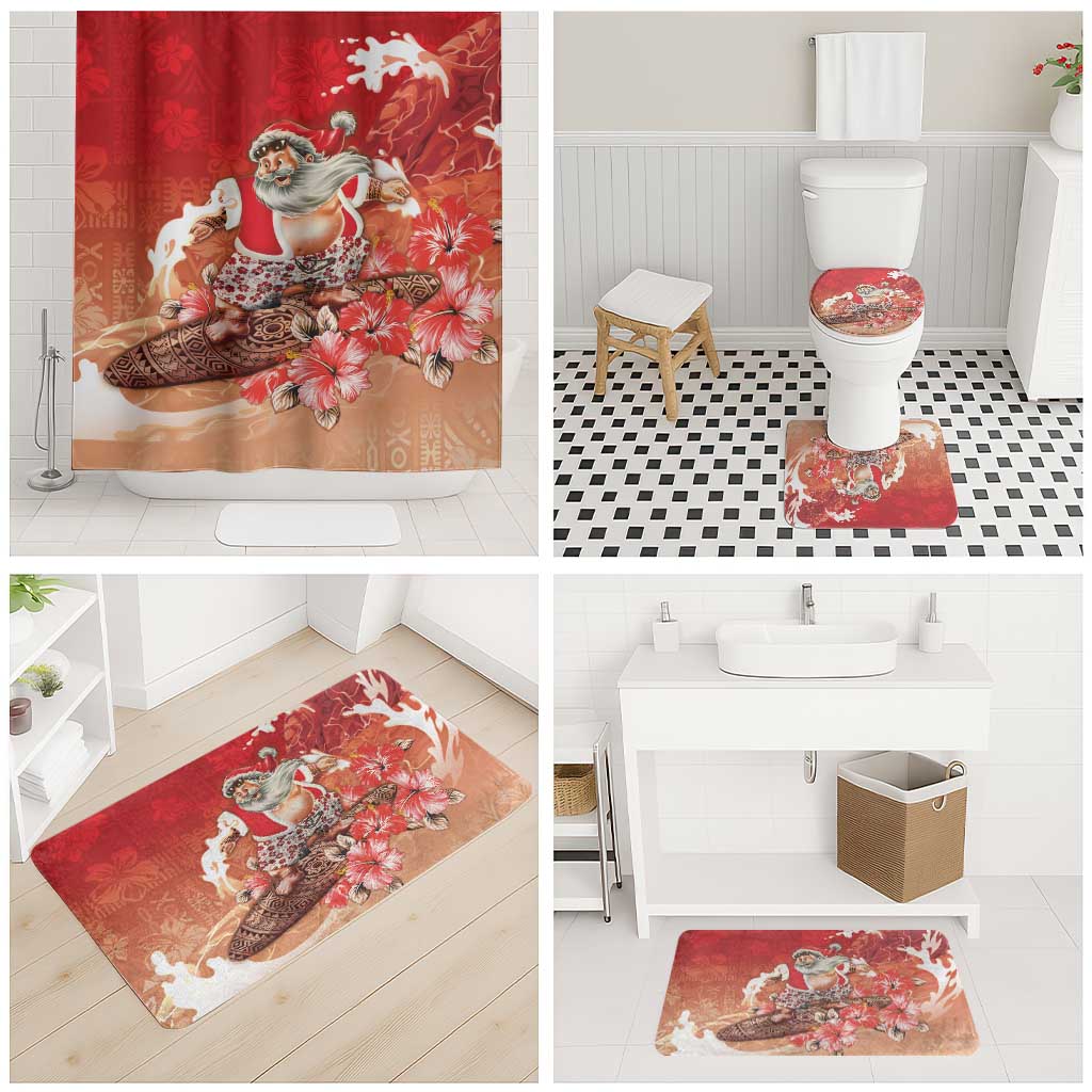 Hawaii Funny Christmas Bathroom Set Santa Surfing With Tapa Pattern - Polynesian Pride