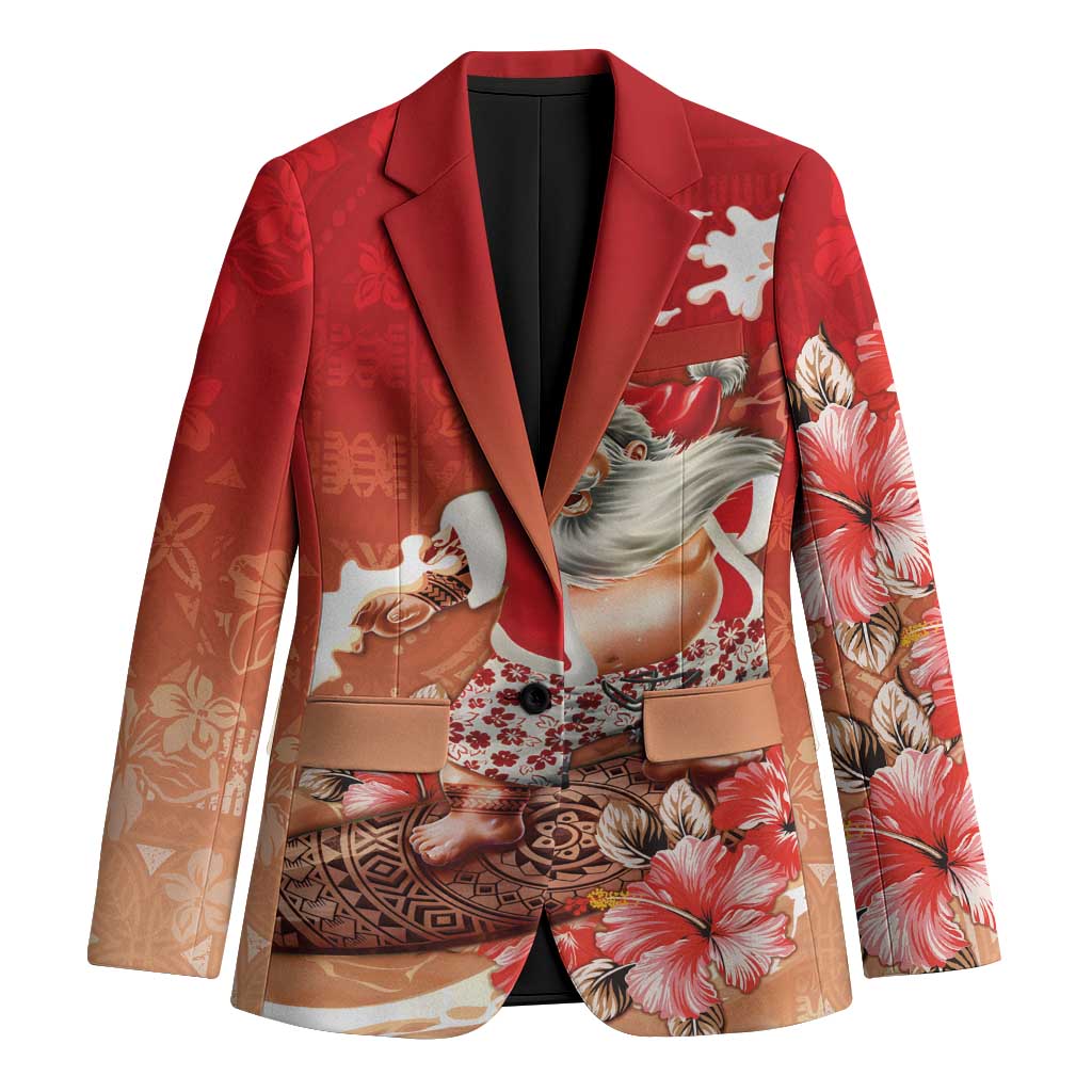 Hawaii Funny Christmas Blazer Santa Surfing With Tapa Pattern - Polynesian Pride