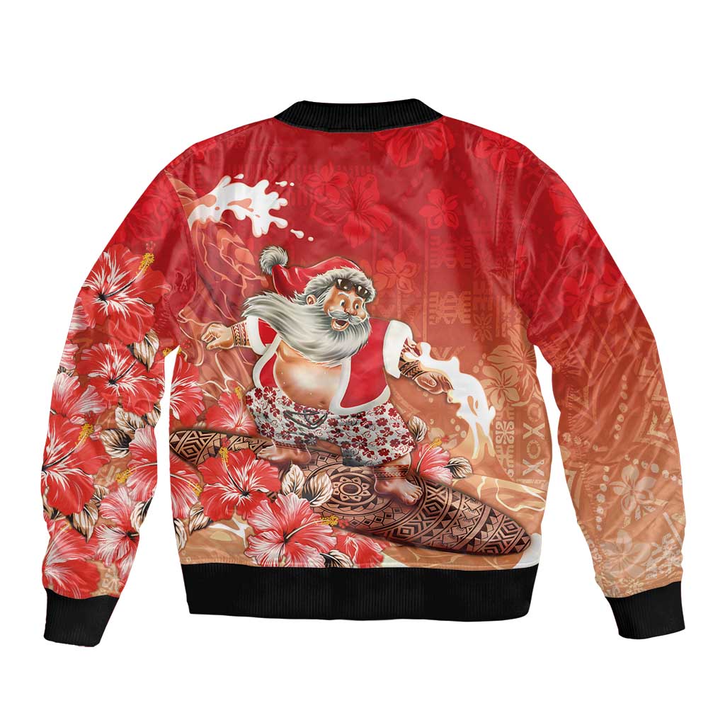 Hawaii Funny Christmas Bomber Jacket Santa Surfing With Tapa Pattern - Polynesian Pride
