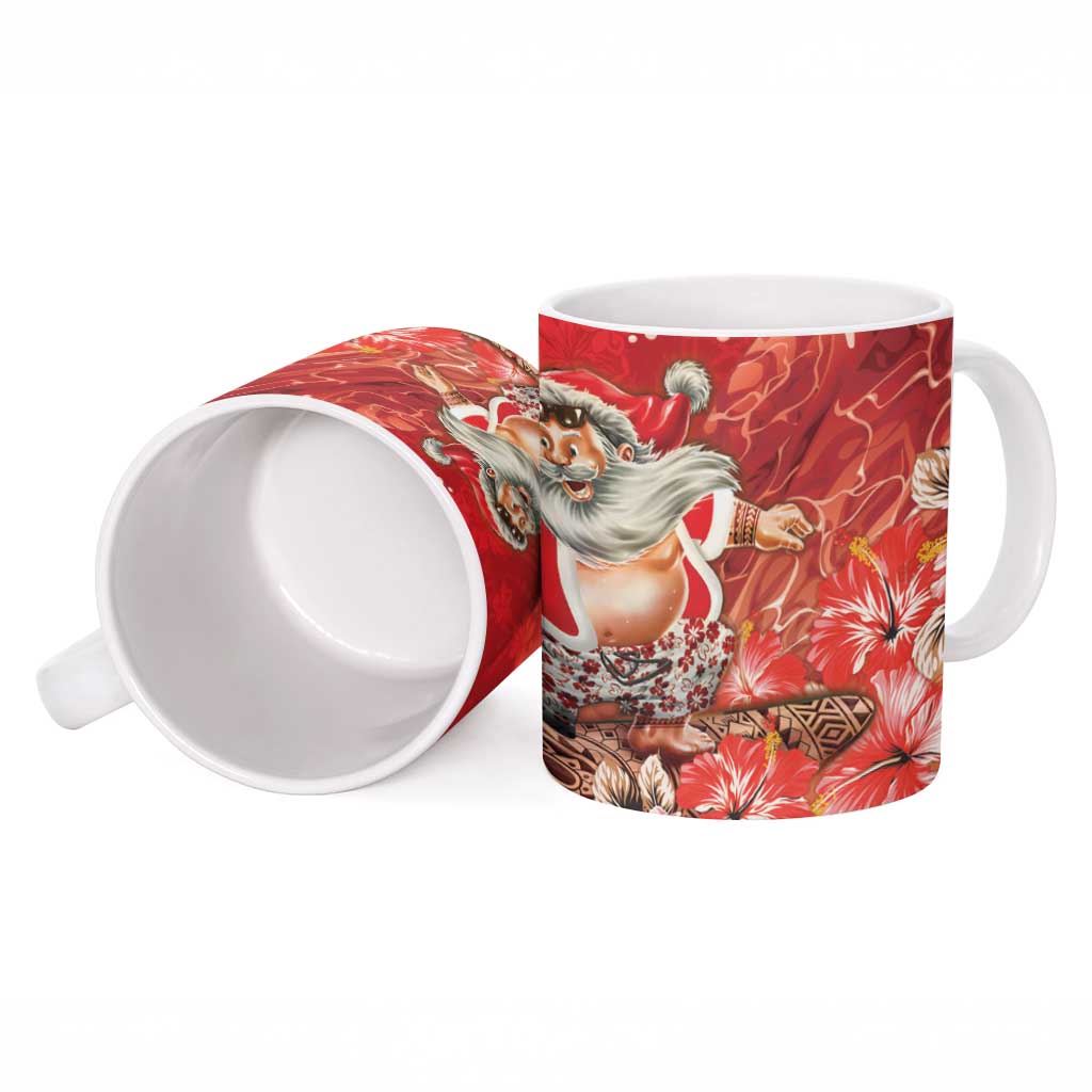 Hawaii Funny Christmas Ceramic Mug Santa Surfing With Tapa Pattern - Polynesian Pride