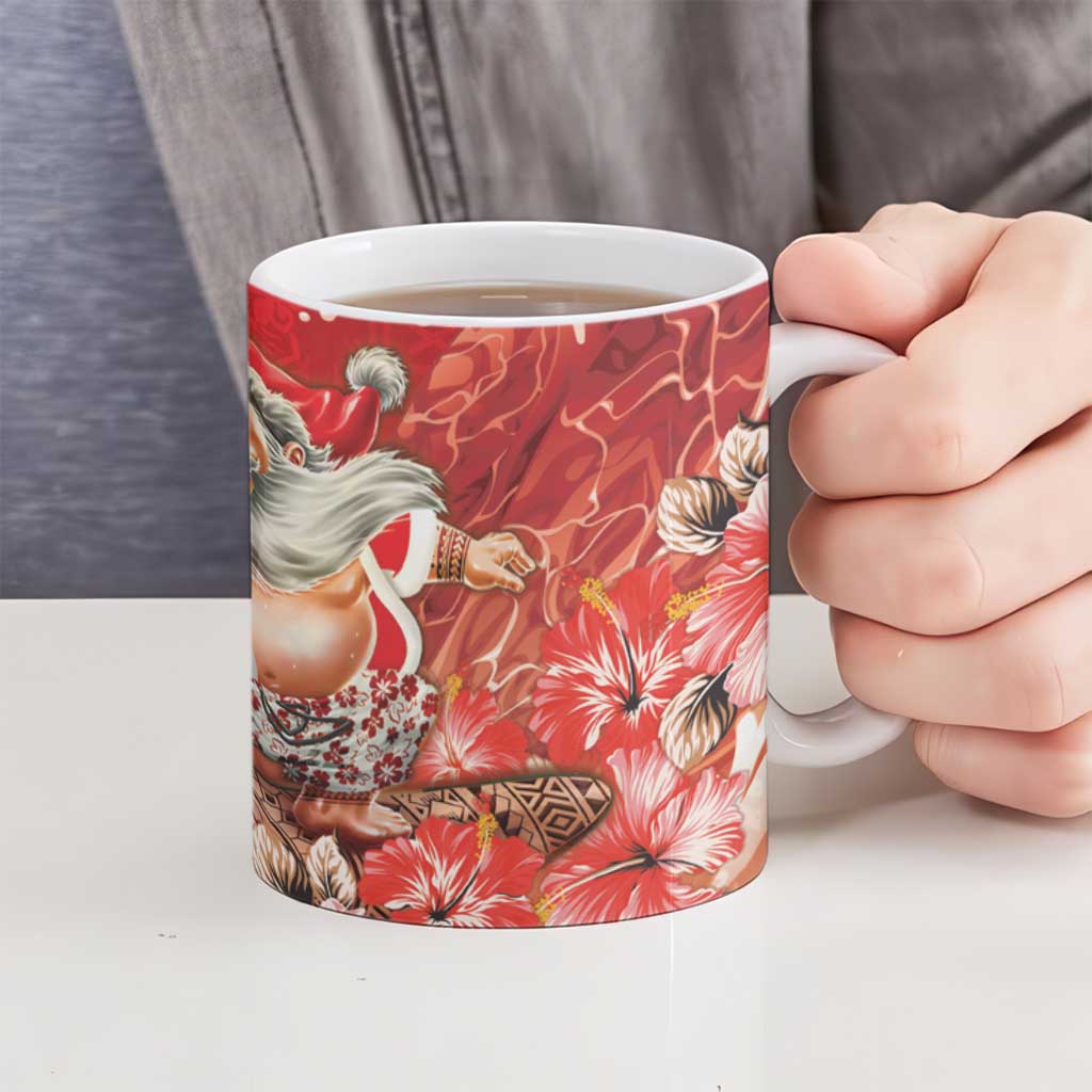 Hawaii Funny Christmas Ceramic Mug Santa Surfing With Tapa Pattern - Polynesian Pride