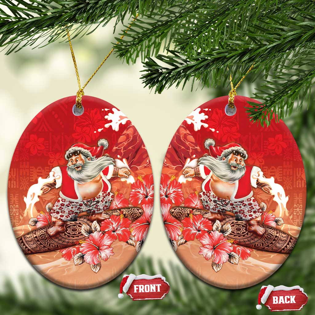 Hawaii Funny Christmas Ceramic Ornament Santa Surfing With Tapa Pattern - Polynesian Pride