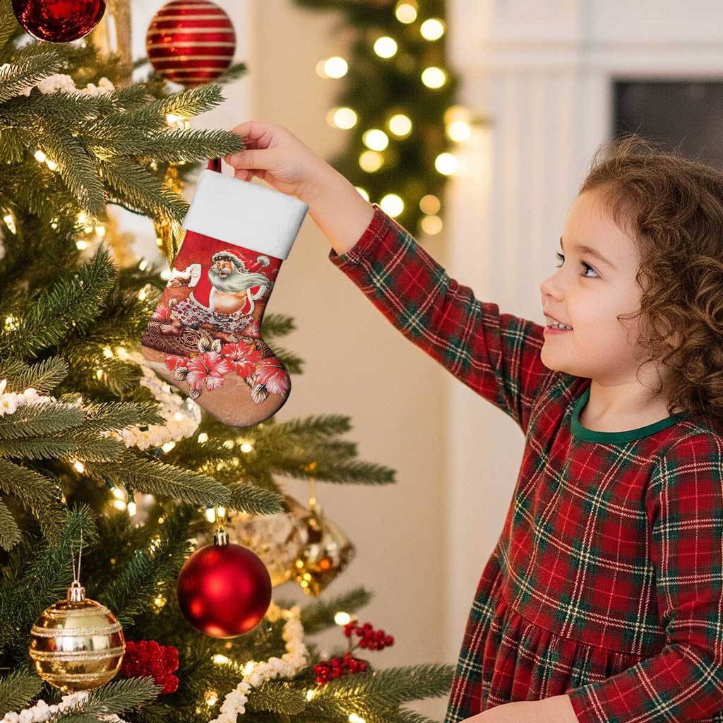 Hawaii Funny Christmas Stocking Santa Surfing With Tapa Pattern - Polynesian Pride