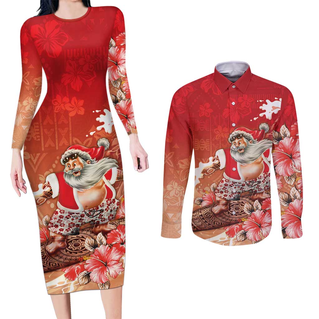 Hawaii Funny Christmas Couples Matching Long Sleeve Bodycon Dress and Long Sleeve Button Shirt Santa Surfing With Tapa Pattern - Polynesian Pride