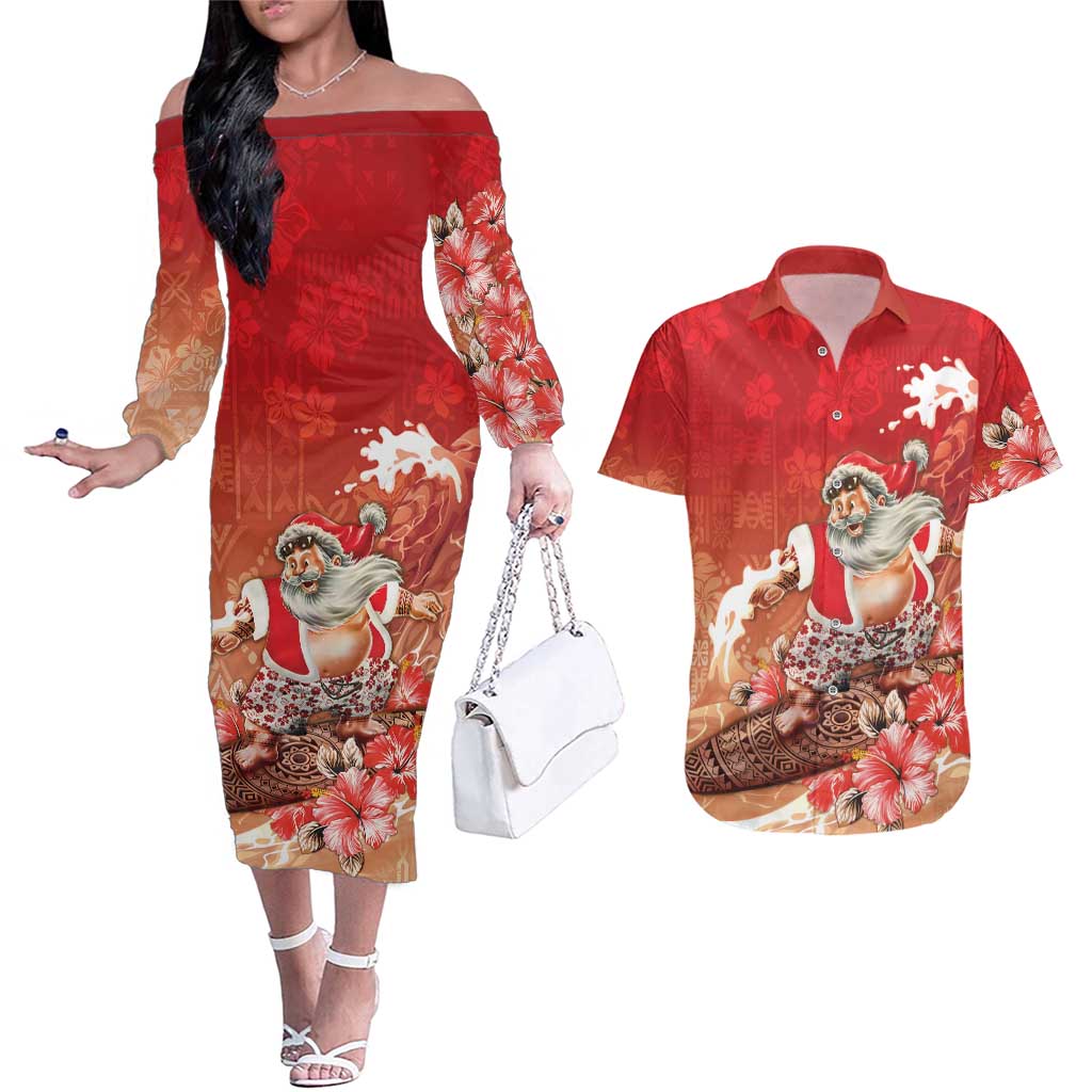 Hawaii Funny Christmas Couples Matching Off The Shoulder Long Sleeve Dress and Hawaiian Shirt Santa Surfing With Tapa Pattern - Polynesian Pride
