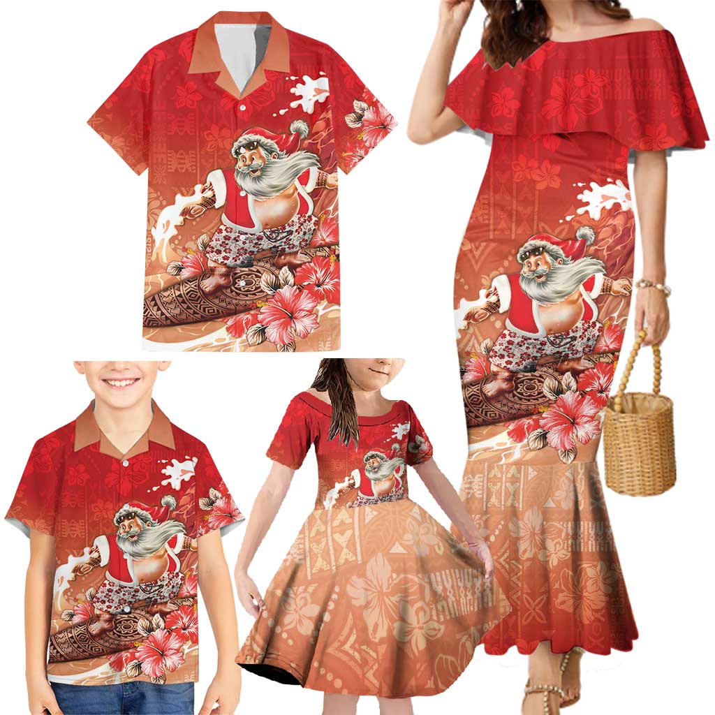 Hawaii Funny Christmas Family Matching Mermaid Dress and Hawaiian Shirt Santa Surfing With Tapa Pattern LT05 - Polynesian Pride