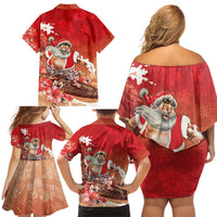 Hawaii Funny Christmas Family Matching Off Shoulder Short Dress and Hawaiian Shirt Santa Surfing With Tapa Pattern - Polynesian Pride
