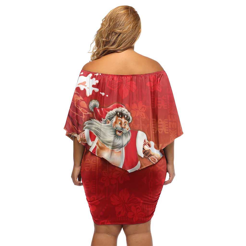 Hawaii Funny Christmas Family Matching Off Shoulder Short Dress and Hawaiian Shirt Santa Surfing With Tapa Pattern - Polynesian Pride