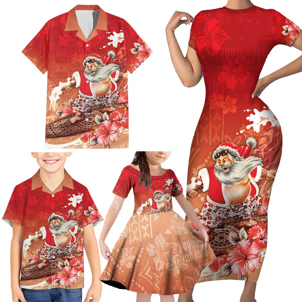 Hawaii Funny Christmas Family Matching Short Sleeve Bodycon Dress and Hawaiian Shirt Santa Surfing With Tapa Pattern LT05 - Polynesian Pride