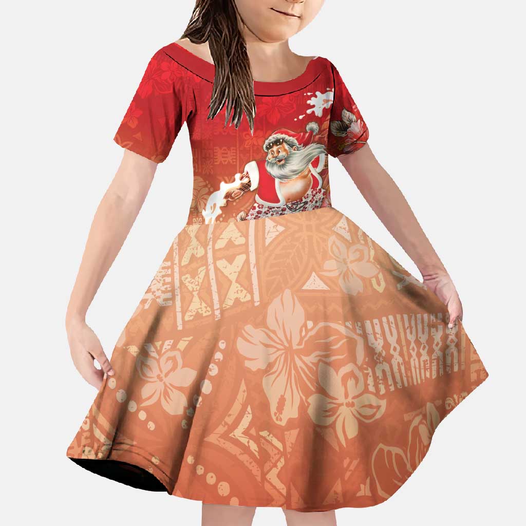 Hawaii Funny Christmas Family Matching Summer Maxi Dress and Hawaiian Shirt Santa Surfing With Tapa Pattern LT05 Daughter's Dress Red - Polynesian Pride