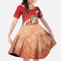 Hawaii Funny Christmas Family Matching Summer Maxi Dress and Hawaiian Shirt Santa Surfing With Tapa Pattern LT05 Daughter's Dress Red - Polynesian Pride