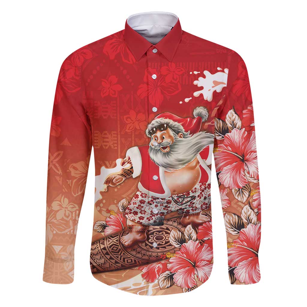 Hawaii Funny Christmas Family Matching Summer Maxi Dress and Hawaiian Shirt Santa Surfing With Tapa Pattern LT05 Dad's Shirt - Long Sleeve Red - Polynesian Pride