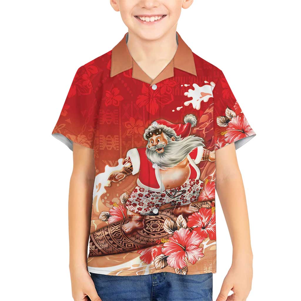 Hawaii Funny Christmas Family Matching Summer Maxi Dress and Hawaiian Shirt Santa Surfing With Tapa Pattern LT05 Son's Shirt Red - Polynesian Pride