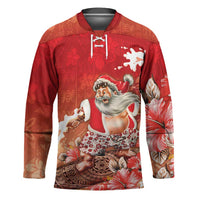 Hawaii Funny Christmas Hockey Jersey Santa Surfing With Tapa Pattern - Polynesian Pride