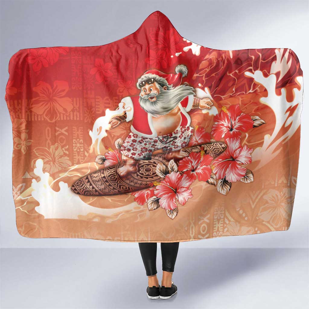 Hawaii Funny Christmas Hooded Blanket Santa Surfing With Tapa Pattern - Polynesian Pride