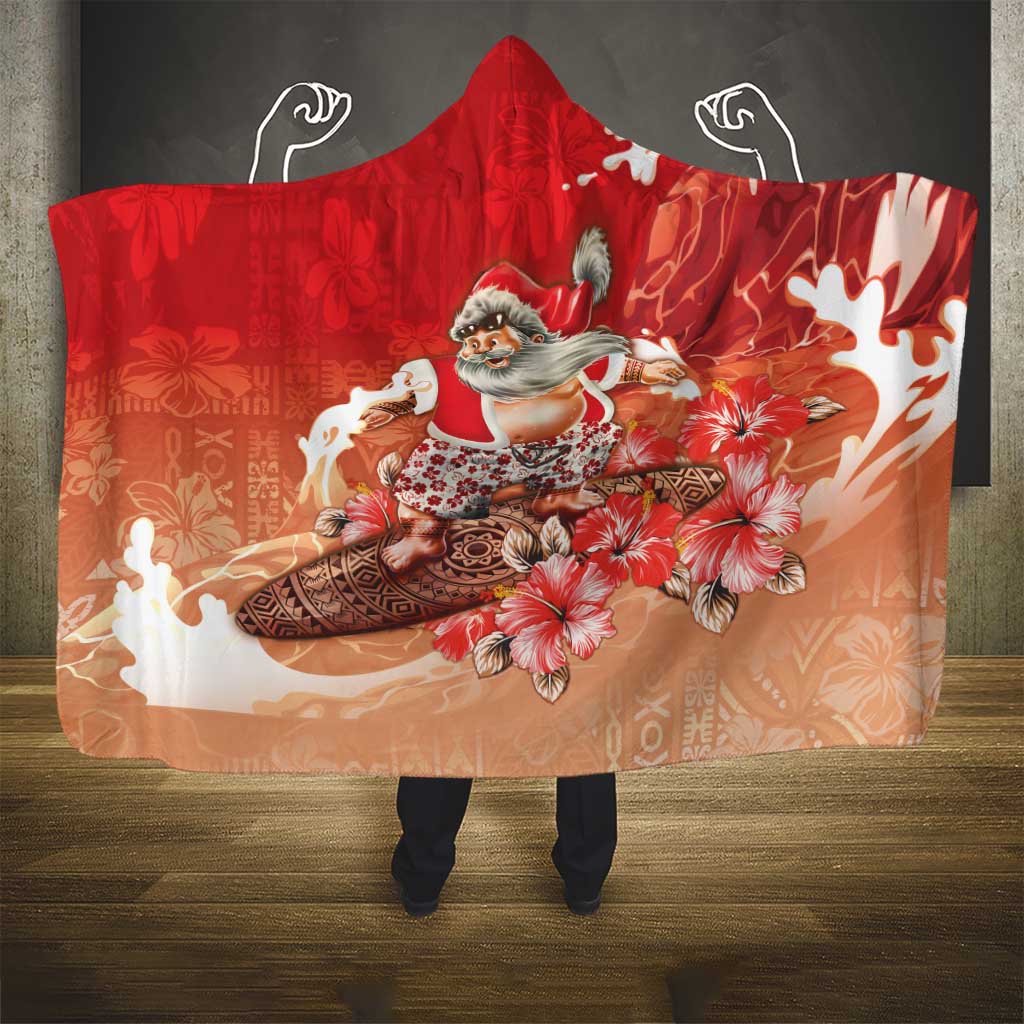 Hawaii Funny Christmas Hooded Blanket Santa Surfing With Tapa Pattern - Polynesian Pride