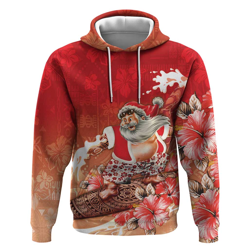 Hawaii Funny Christmas Hoodie Santa Surfing With Tapa Pattern - Polynesian Pride