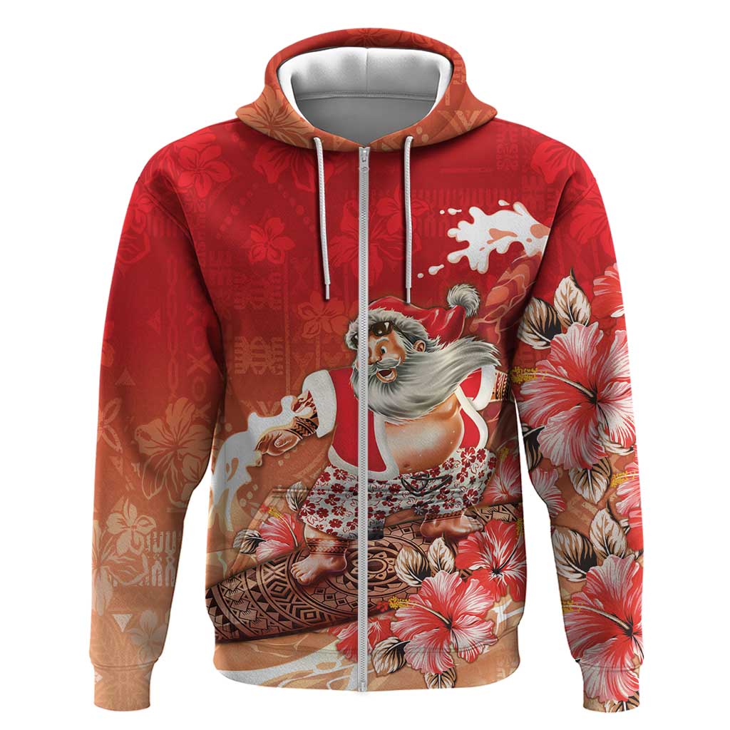 Hawaii Funny Christmas Hoodie Santa Surfing With Tapa Pattern - Polynesian Pride