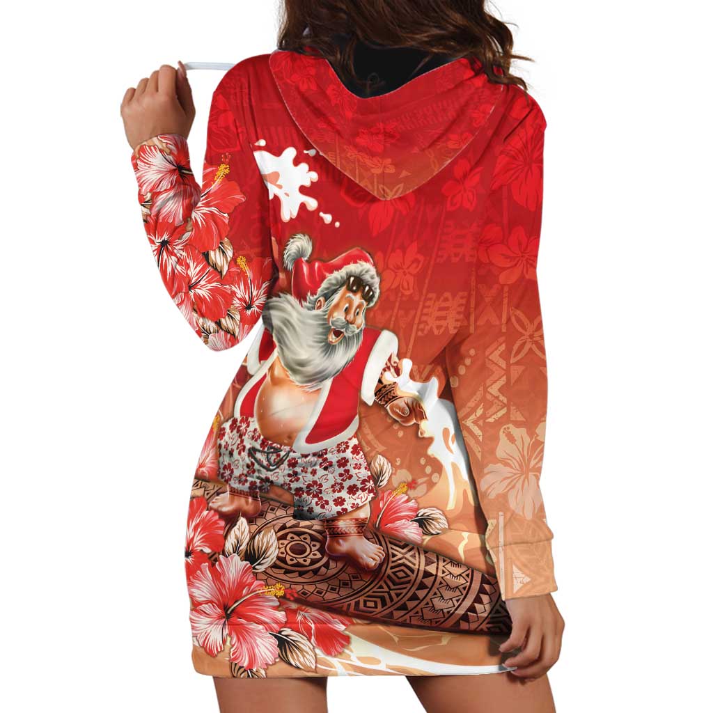 Hawaii Funny Christmas Hoodie Dress Santa Surfing With Tapa Pattern - Polynesian Pride
