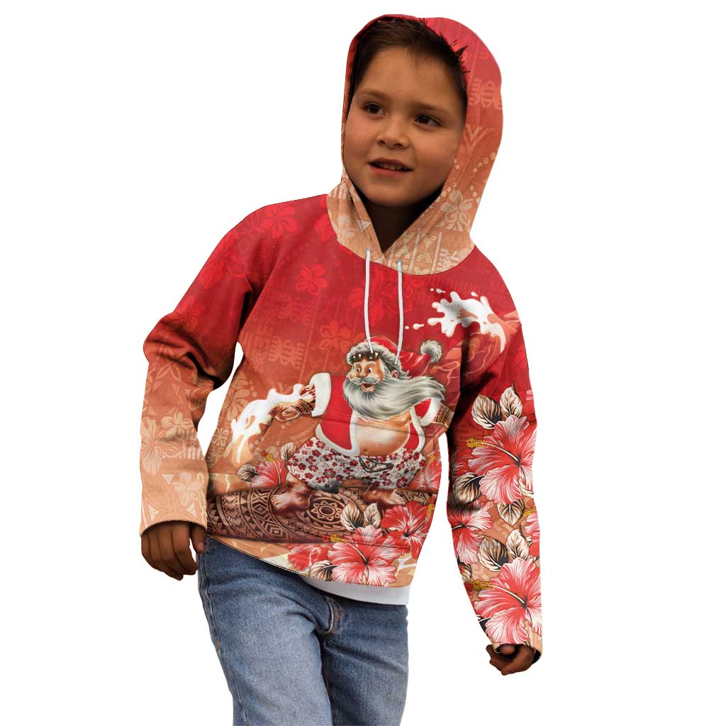 Hawaii Funny Christmas Kid Hoodie Santa Surfing With Tapa Pattern - Polynesian Pride