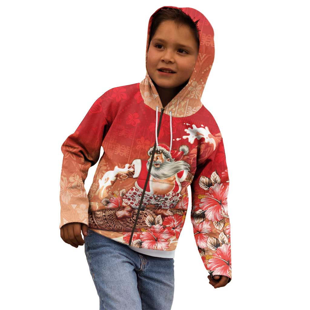Hawaii Funny Christmas Kid Hoodie Santa Surfing With Tapa Pattern - Polynesian Pride