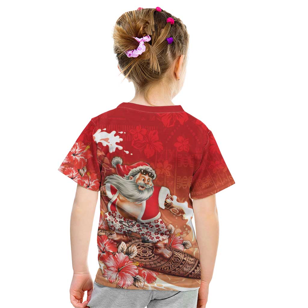 Hawaii Funny Christmas Kid T Shirt Santa Surfing With Tapa Pattern - Polynesian Pride
